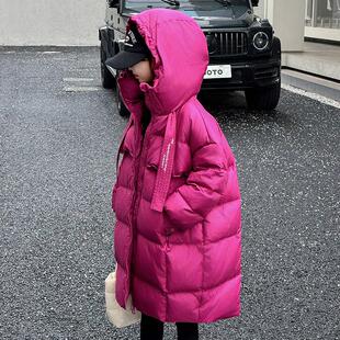 韩国童装女童中长款过膝羽绒服外套韩版宽松白鸭绒连帽保暖外套潮