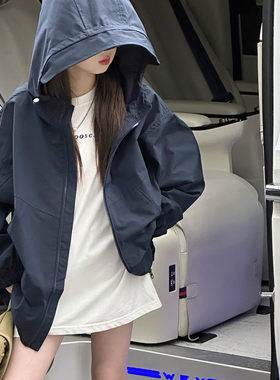 韩版女童连帽冲锋衣拉链藏青色