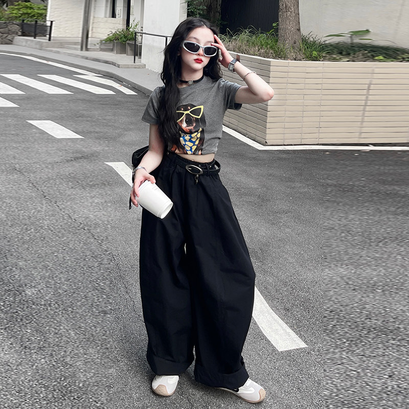 女童夏季套装2026新款印花T恤气球裤两件套中大童阔腿裤休闲阔腿图片