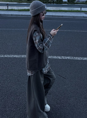2026女童日系复古针织马甲三件套中大童秋季格子衬衫宽松百搭套装