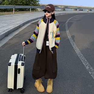 中大童女孩毛衣外套秋冬装加厚洋气时尚初中女生开衫针织上衣撞色