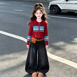 休闲撞色条纹针织开衫套装女童秋冬2件套修身显瘦百搭毛衣裤子