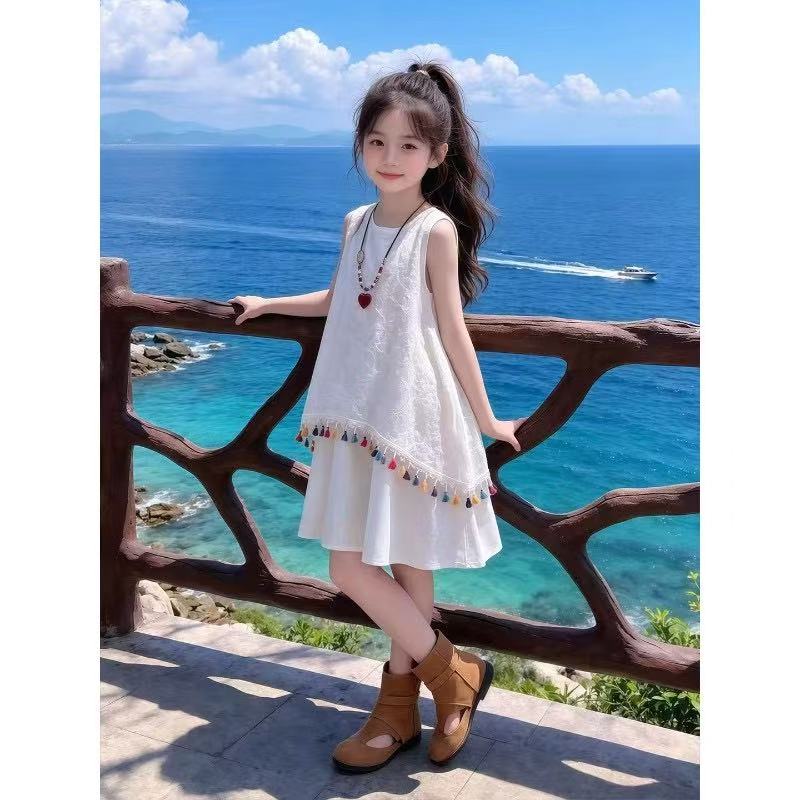 女童无袖波西米亚连衣裙夏季白色流苏民族风中长裙甜美公主裙