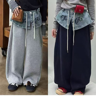 韩国波拉童装2025冬新款潮牌儿童女孩中大童百搭牛仔拼接休闲裤