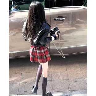 女童短款皮衣格子百褶裙儿童学院风时尚半身裙高级感公主短裙套装
