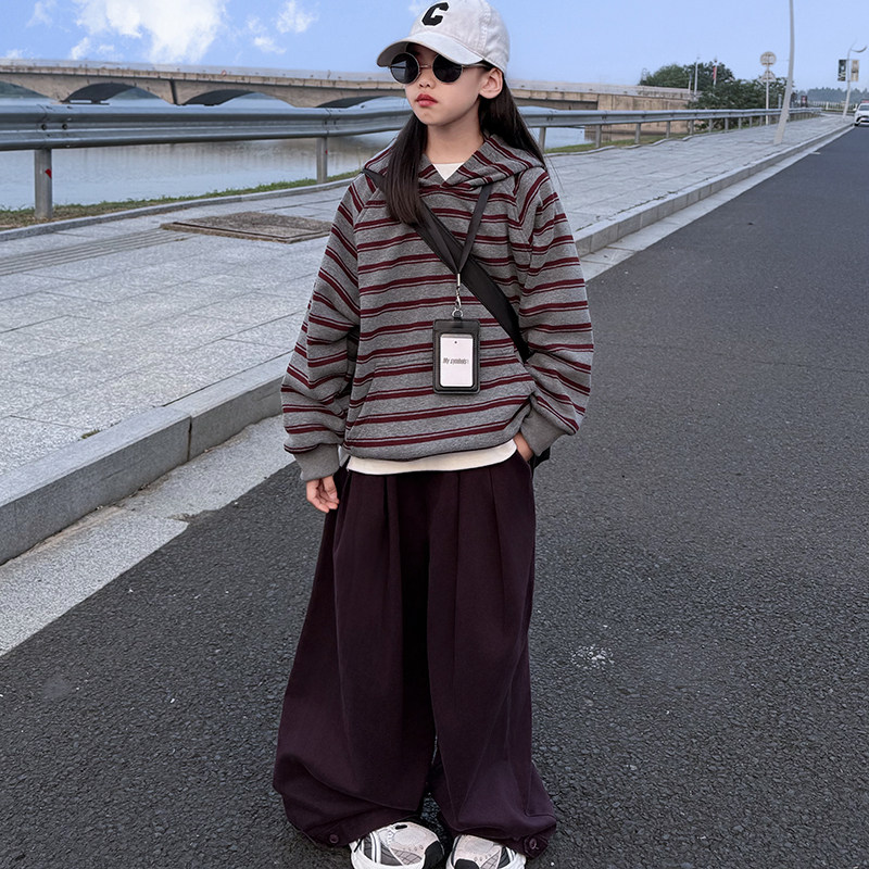女童秋冬款韩版休闲条纹连帽卫衣2025冬季新款加绒阔腿休闲裤套装,童装/婴儿装/亲子装,套装,淘宝优惠券,粉丝福利购,淘宝优惠卷