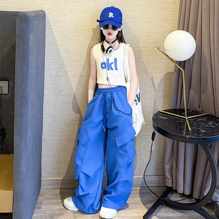 女童夏季新款时髦短袖工装裤套装中大童修身背心T恤爵士两件套潮