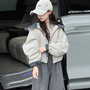 女童韩系连帽拼接格子休闲短款外套2025秋冬新款宽松撞色上衣潮