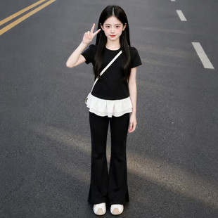 韩系休闲两件套女童2026新款夏季薄款荷叶边拼接短袖T恤喇叭裤潮