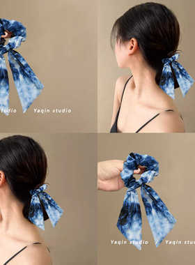 新款蓝色晕染油画感蝴蝶结马尾打结发圈头绳女绑头发大肠女盘发器