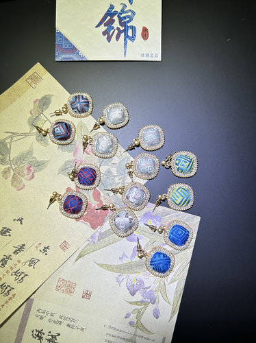 手工制作壮锦银针耳钉耳饰方形款