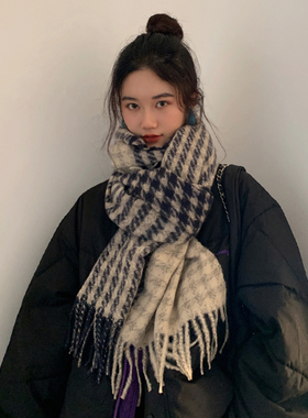 黑色千鸟格厚围巾女冬季百搭学生