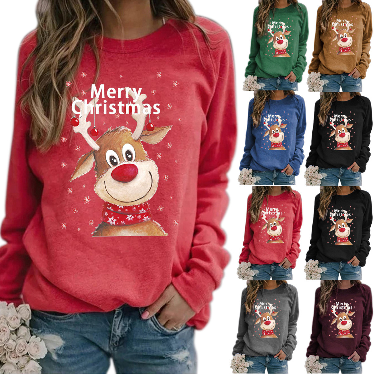 2023 WISH 欧美秋冬新款 圣诞印花圆领卫衣休闲宽松卫2TEMU