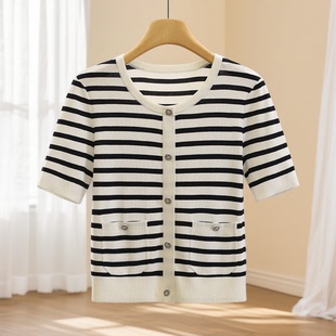针织衫 气质条纹显瘦短袖 韩版 007品牌折扣店25夏休闲上衣女 S彩