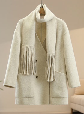 冬装首波【影】100绵羊毛围巾双排扣宽松双面呢大衣25冬新款外套