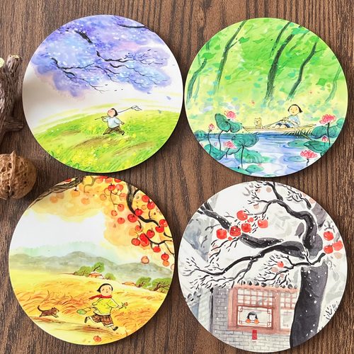肚子杜杜原创国风水彩插画 春夏秋冬四季圆形软木杯垫彩印个性