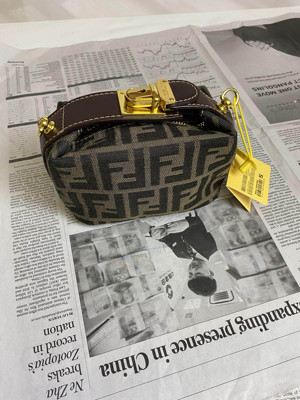 网红FF印花帆布配皮法棍饭盒女包手提vintag复古风小挎包