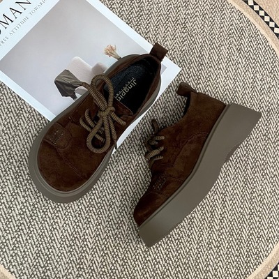 春秋新款翻毛植绒厚底增高女鞋复古系带圆头时尚百搭勃肯乐福单鞋