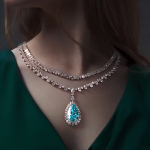 高定霓虹蓝帕拉伊巴色项链婚礼晚宴会套链满钻豪镶培育钻石项链