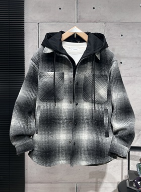 2026新款毛呢外套男冬季新款加绒格纹夹克宽松冬装潮流