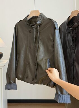甜酷风双排扣立领PU皮衣外套女秋冬新款宽松休闲显瘦机车夹克上衣