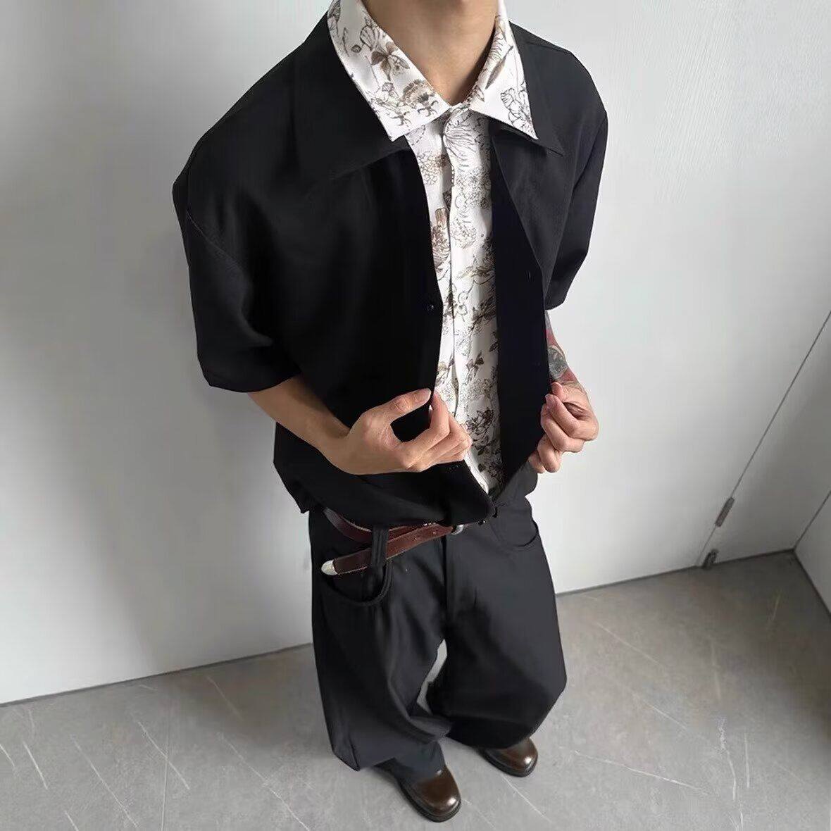 1506-1/C226171/P48黑色衬衣男夏季酷帅凉爽工装上衣,男装衬衫,星座1506-1