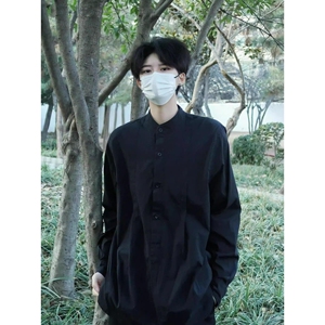 1506-1/CY121/P54男士灰蓝色长袖无领衬衫上衣,驼色方领羊绒大衣整体搭配图片