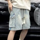 1506-1/KS011/P56拼接撞色大口袋工装牛仔短裤男女款五分裤子，男装牛仔裤，星座1506-1