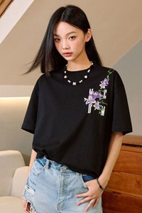 1506-1/TT911/P34重磅短袖t恤女夏季多巴胺藤蔓花图片