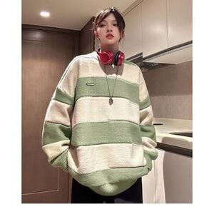 1506/QM1200/P49撞色条纹毛衣男生情侣秋冬季宽松套头针织衫套2图片