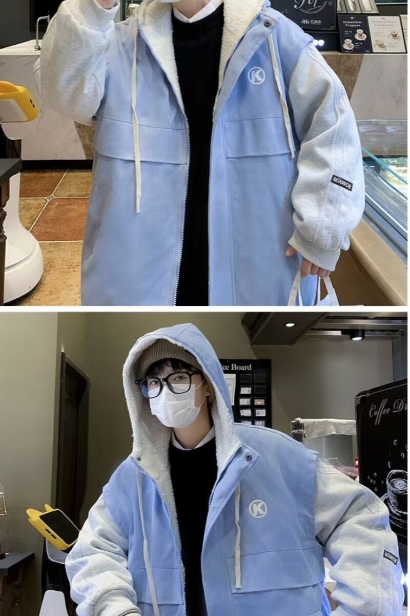 1506/MY65821/P79羊羔男女连帽秋冬加厚港风棉衣宽松假两件棉服2,男装棉衣,星座1506-1