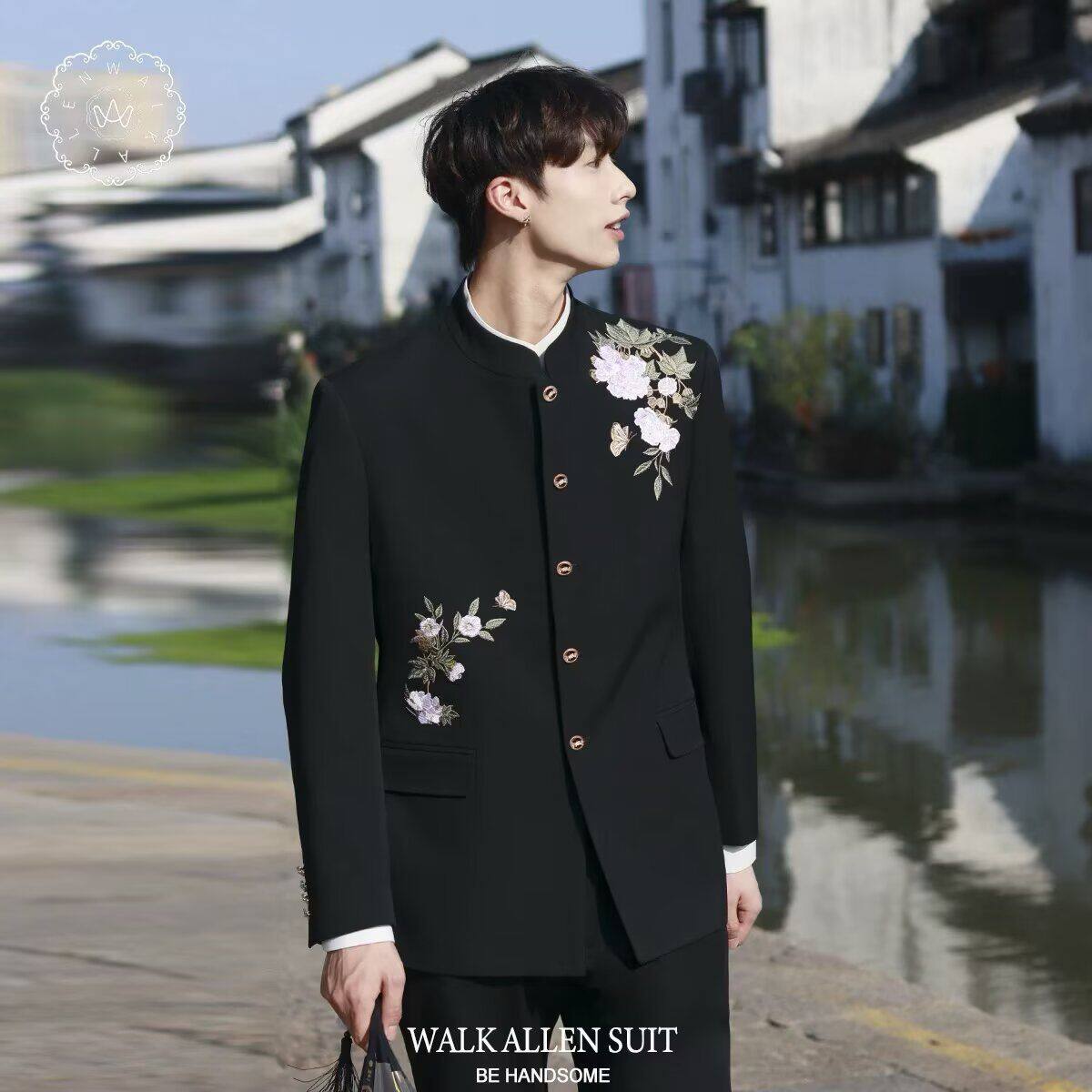 1506-1/XXZ121/P66外小立领中开白玉兰刺绣新中式西装炸街,男装西服套装,星座1506-1