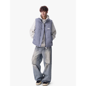1506/QA030/P52美式格子风立领马甲男加厚棉服背心格纹背心棉衣图片