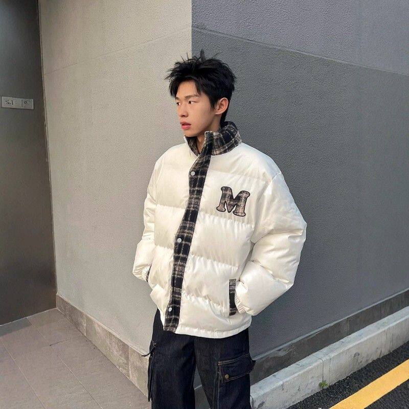 1506/MJK1011/P72假两件美式复古格子拼接刺绣棉衣面包服1图片
