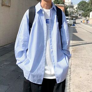 1506-1/CC1121/P34蓝色条纹衬衫男日系潮牌街头宽松情侣衬图片