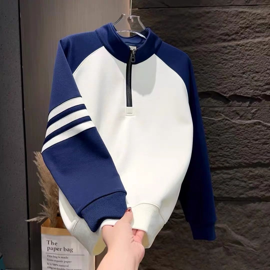 1506/QJW1240/P46秋冬加绒款男士时尚百搭撞色半拉链立领卫衣3，男装卫衣，星座1506-1