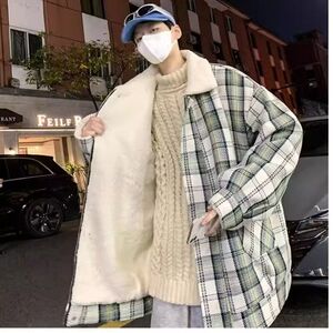 1506/MYG011/P54翻领羊羔毛棉衣男士宽松复古格子百搭潮流2图片