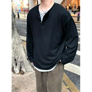 1506-1/W20021/P44假两件华夫格亨利衫男薄款长袖t图片