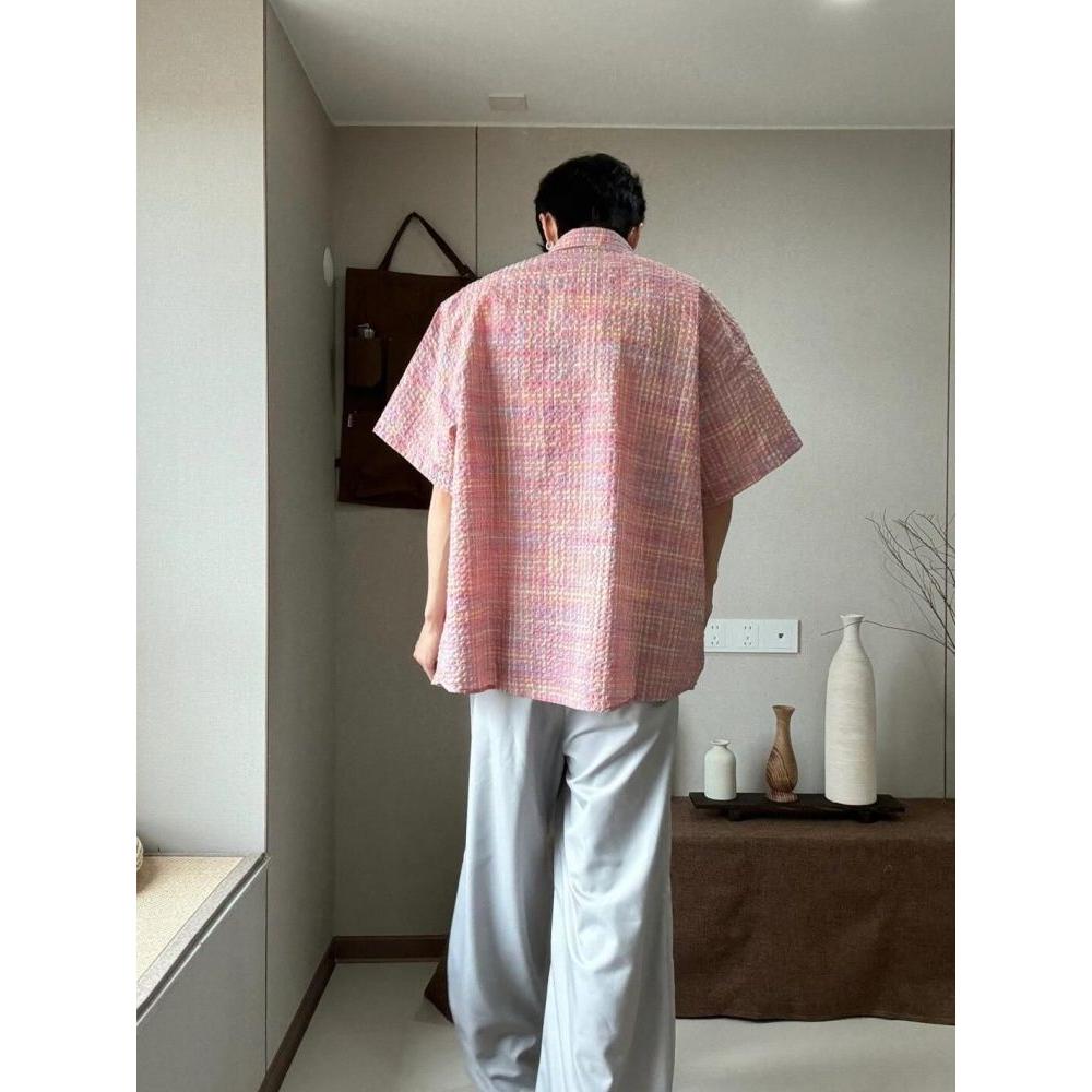 1506-1/CCD081/P36美式色织格纹泡泡纱宽松廊形短袖衬衫男,男装T恤,星座1506-1