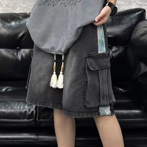 1506-1/KS011/P56拼接撞色大口袋工装牛仔短裤男女款五分裤子图片