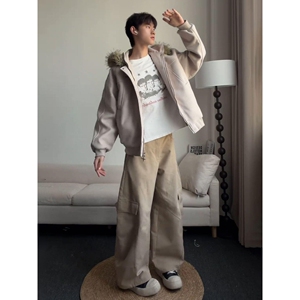 1506/M3671/P86大毛领连帽棉服男女冬季美式复古毛呢保暖外套2图片