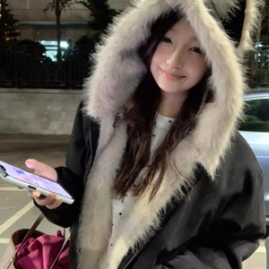1506/Q86210/P90黑色座山雕毛领夹棉服情侣毛茸茸猫耳朵棉衣图片