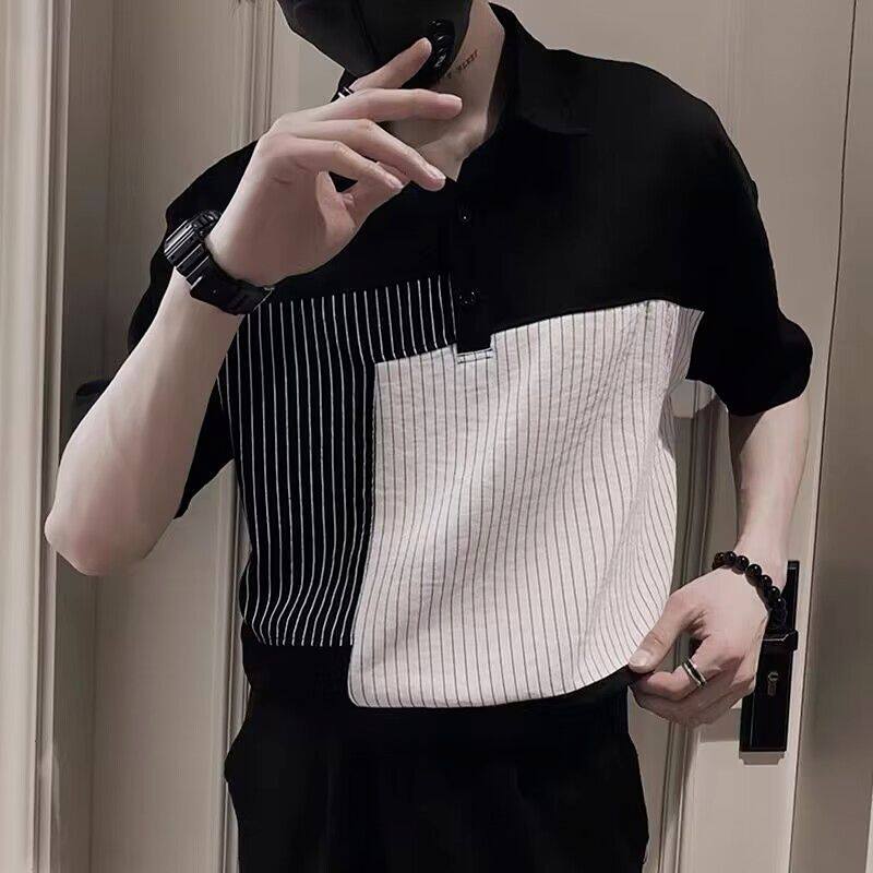 1506-1/CJB031/P41轻奢英伦ins痞帅拼接条纹短袖图片