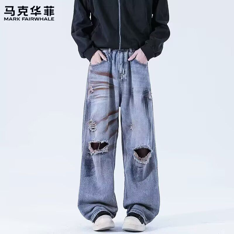 1506-1/KB1101/P46水洗做旧破洞美式潮牌休闲直筒宽松牛仔裤,男装牛仔裤,星座1506-1