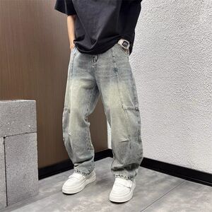 1506-1/KK8801/P54夏季新款拼接直筒宽松牛仔裤男图片