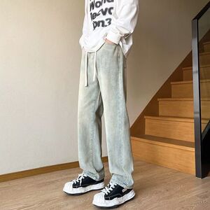 1506/KJ50571/P43美式高街黄泥染复古牛仔裤男女冬季宽松直筒裤子图片