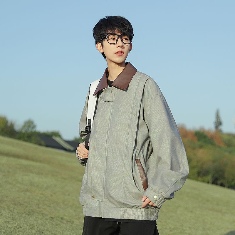 1506-1/J6861/P71灯芯绒复古潮牌pu皮翻领夹克男女图片