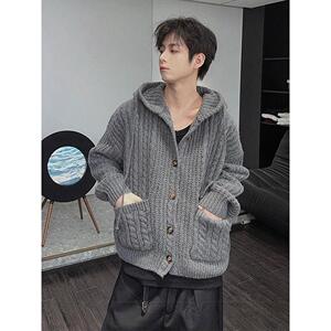 1506-1/MGT341/P79秋冬慵懒感宽松短款纽扣针织帽衫图片