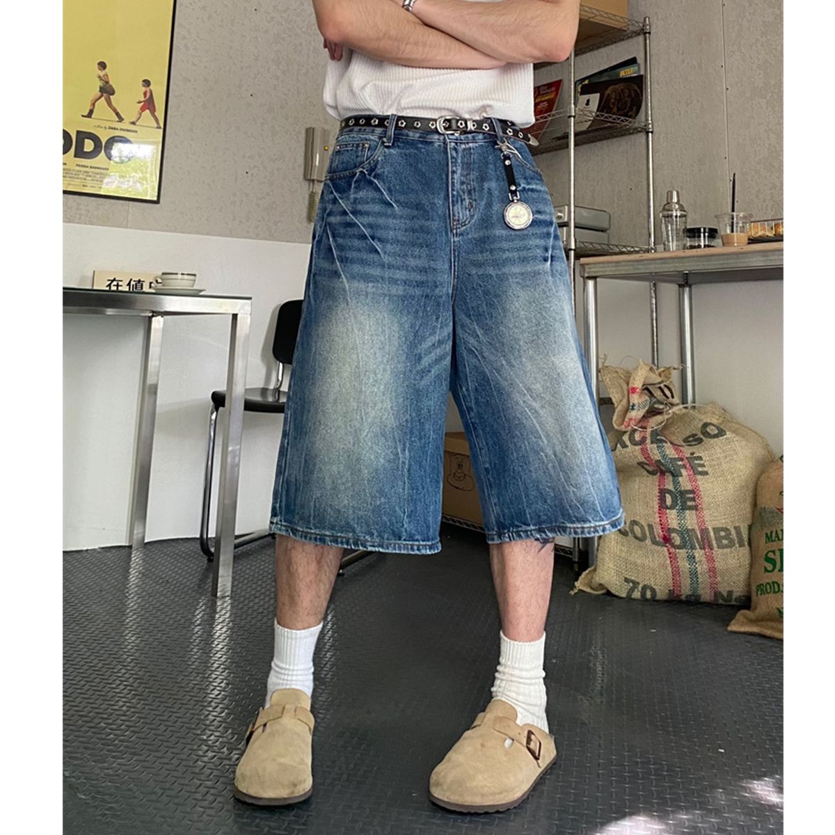1506-1/KG5301/P45美式复古做旧蓝闪电牛仔短裤男，男装牛仔裤，星座1506-1
