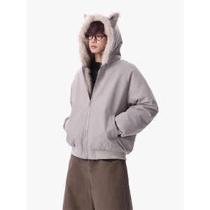 1506/Q86210/P90猫耳朵毛领棉衣男冬季加厚连帽情侣外套黑色图片